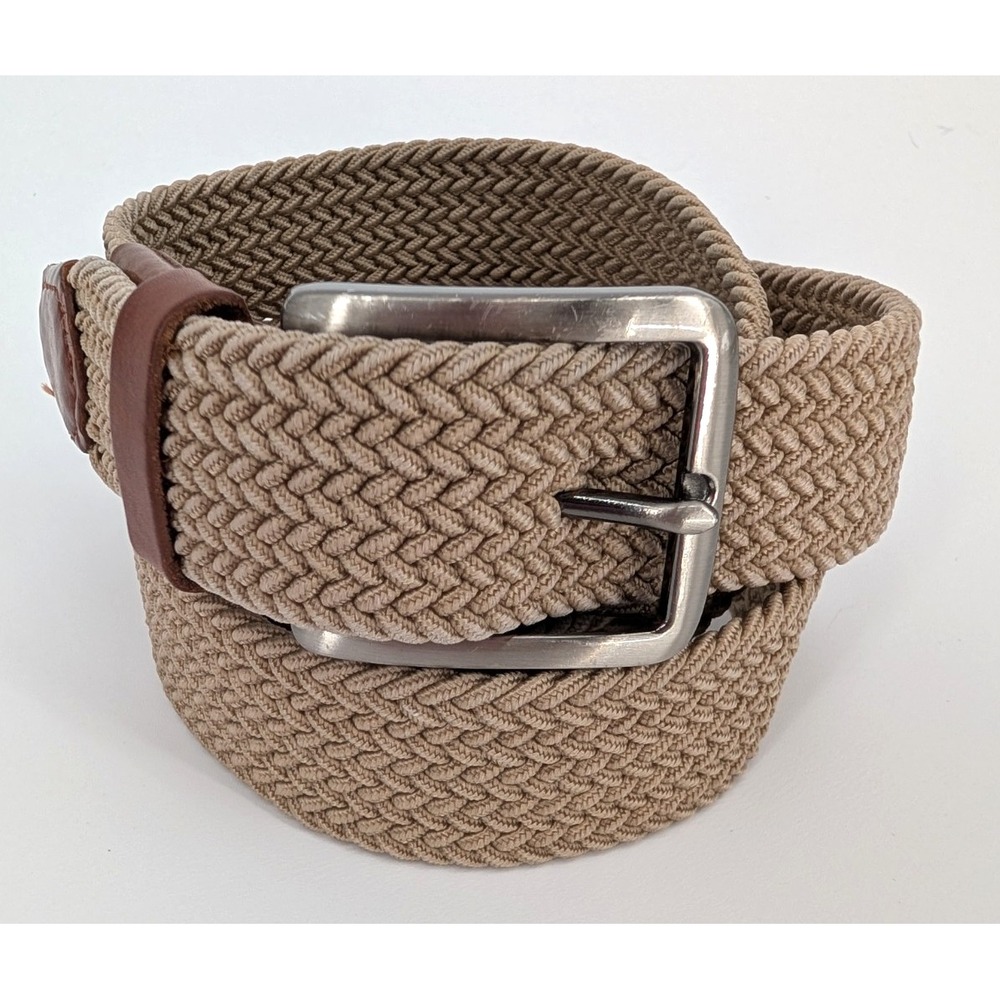 Tommy Bahama Mens‎ Stretch 2-Tone Web Braid Belt Khaki Leather Trim L/XL Preppy